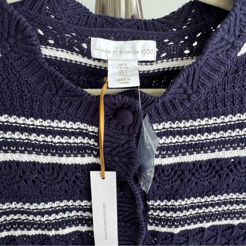 NWT House of Harlow 1960 Navy and White Striped Women's Crochet Sweater Size S - Picture 3 of 6
